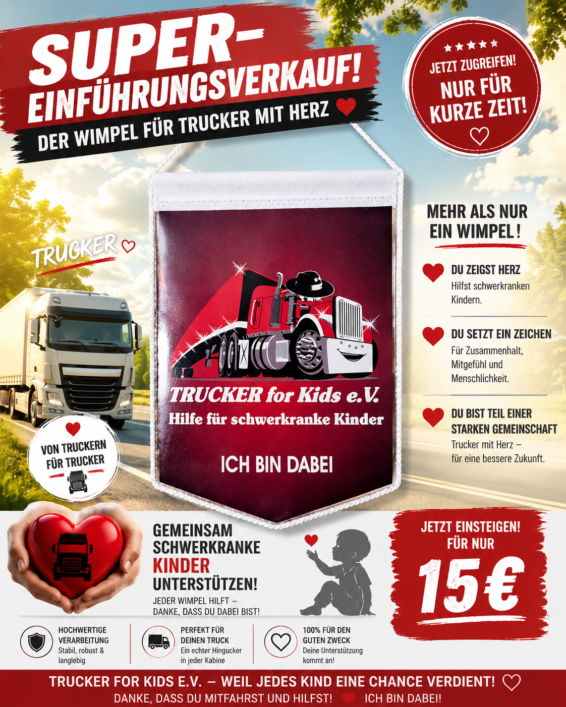 ❤️ NEU IM SHOP: DER Große TRUCKER-FOR-KIDS-WIMPEL! 🚛